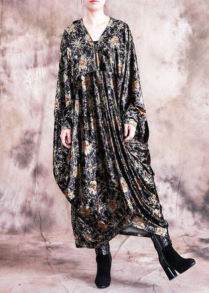 Diy Black Print Dresses V Neck Asymmetric Art Fall Dress