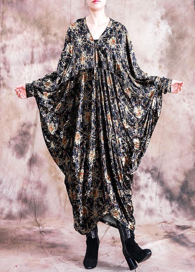 Diy Black Print Dresses V Neck Asymmetric Art Fall Dress