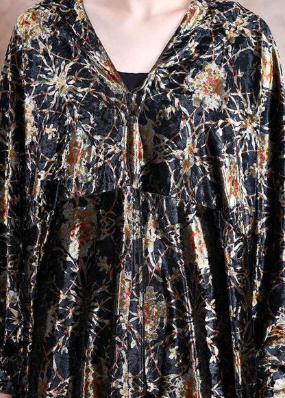 Diy Black Print Dresses V Neck Asymmetric Art Fall Dress