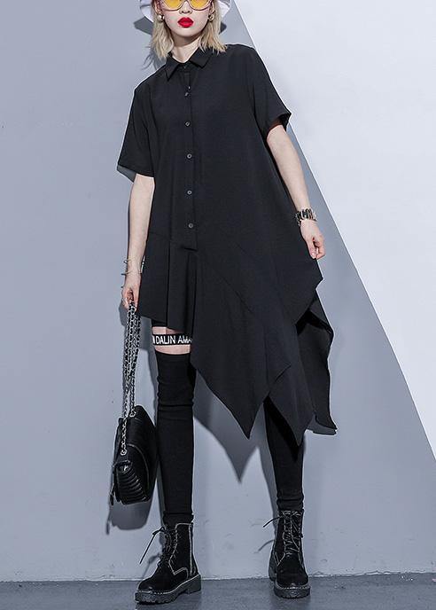 Diy Black Silk Cotton Tunics Lapel Asymmetric Cotton Summer Shirt Dresses