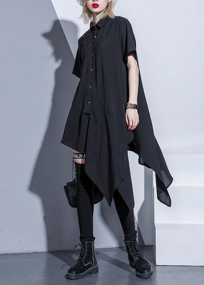 Diy Black Silk Cotton Tunics Lapel Asymmetric Cotton Summer Shirt Dresses