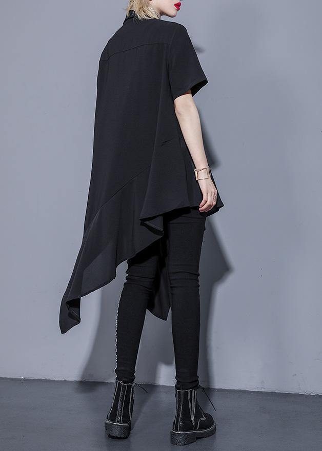 Diy Black Silk Cotton Tunics Lapel Asymmetric Cotton Summer Shirt Dresses