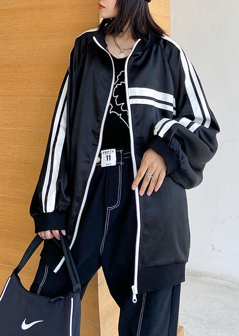 DIY black striped Fine tunic pattern Inspiration stand collar zippered  outwear