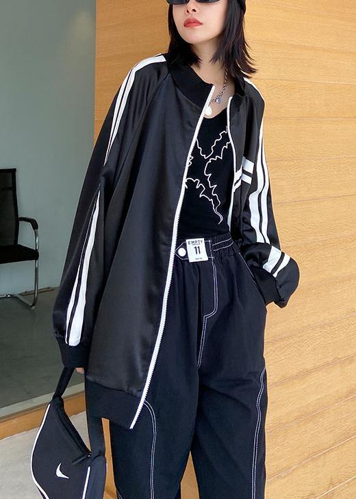 Diy Black Striped Fine Tunic Pattern Inspiration Stand Collar Zippered Outwear