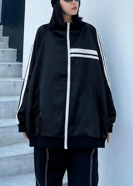 DIY black striped Fine tunic pattern Inspiration stand collar zippered  outwear