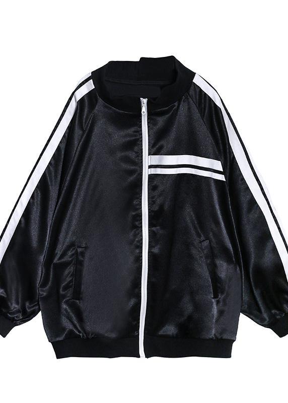 Diy Black Striped Fine Tunic Pattern Inspiration Stand Collar Zippered Outwear