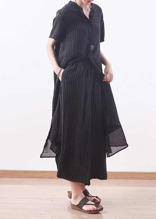 Diy Black Striped Tops Outfit Inspiration V Neck Wide Leg Pants a Line Summer Two Pieces
