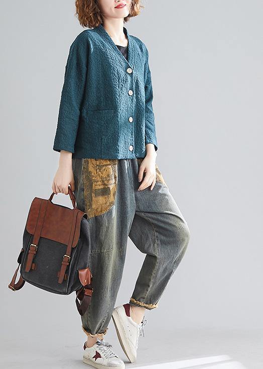Diy Blackish Green Cotton Clothes for V Neck Pockets Silhouette Spring Blouse