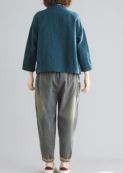 DIY blackish green cotton clothes For Women v neck pockets silhouette spring blouse