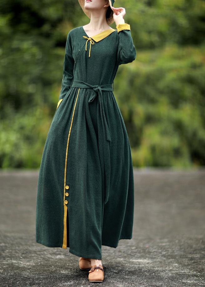 Diy Blackish Green Quilting Dresses V Neck Tie Waist Loose Spring Dresses