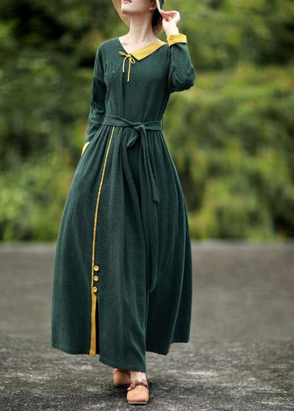 Diy Blackish Green Quilting Dresses V Neck Tie Waist Loose Spring Dresses