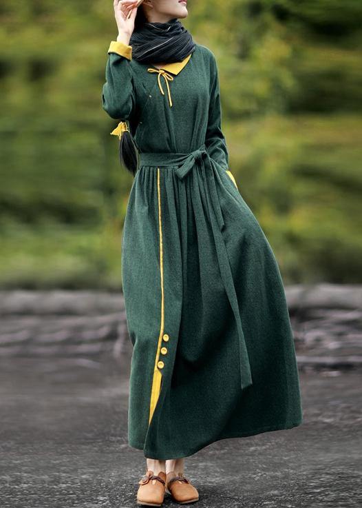 Diy Blackish Green Quilting Dresses V Neck Tie Waist Loose Spring Dresses