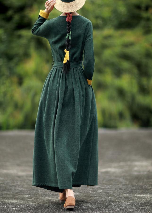 Diy Blackish Green Quilting Dresses V Neck Tie Waist Loose Spring Dresses