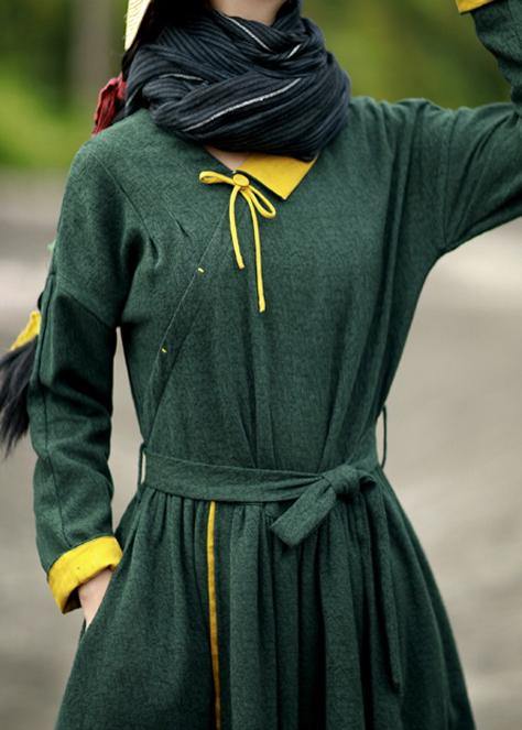 Diy Blackish Green Quilting Dresses V Neck Tie Waist Loose Spring Dresses