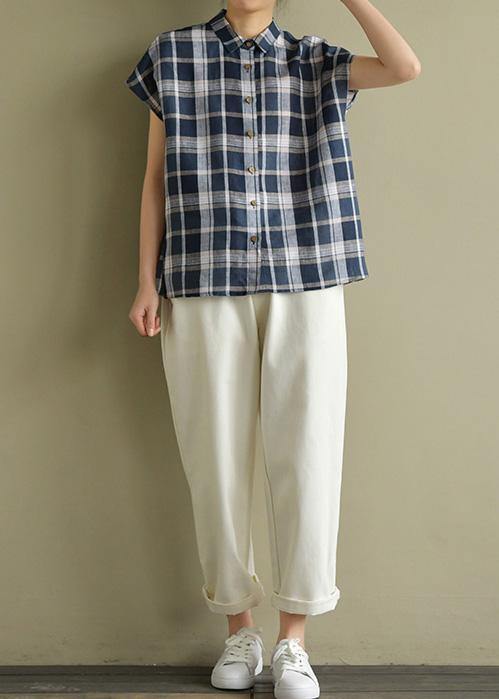 Diy Blue Gray Plaid Linen Clothes for Lapel Loose Summer Top