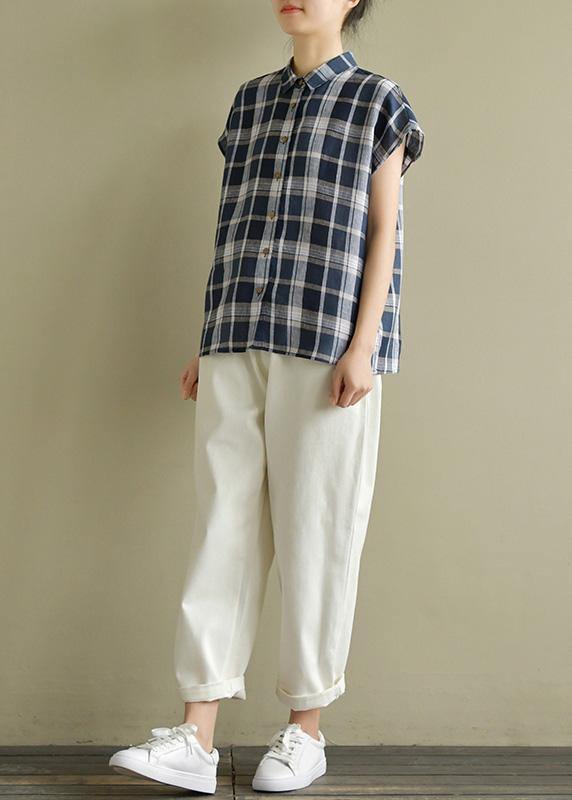 Diy Blue Gray Plaid Linen Clothes for Lapel Loose Summer Top