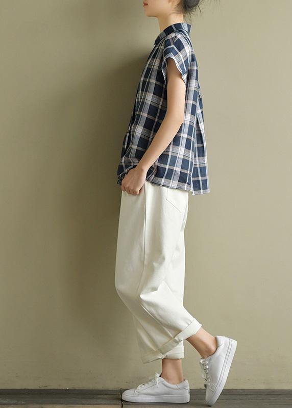 Diy Blue Gray Plaid Linen Clothes for Lapel Loose Summer Top
