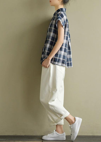 Diy Blue Gray Plaid Linen Clothes for Lapel Loose Summer Top