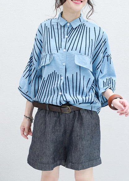 Diy Blue Half Sleeve Cotton Blouse Asymmetric Striped Silhouette Summer Tops