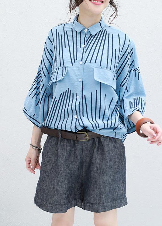 Diy Blue Half Sleeve Cotton Blouse Asymmetric Striped Silhouette Summer Tops