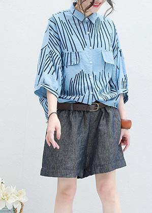 Diy Blue Half Sleeve Cotton Blouse Asymmetric Striped Silhouette Summer Tops