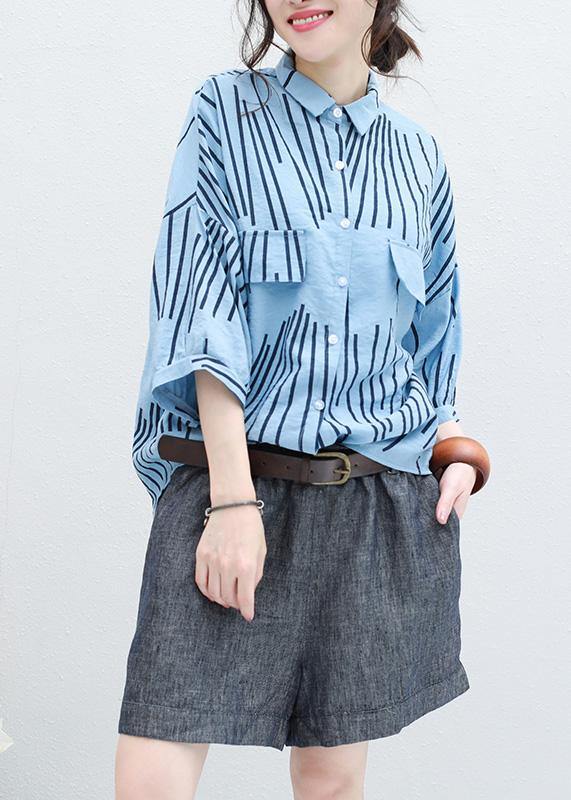 Diy Blue Half Sleeve Cotton Blouse Asymmetric Striped Silhouette Summer Tops