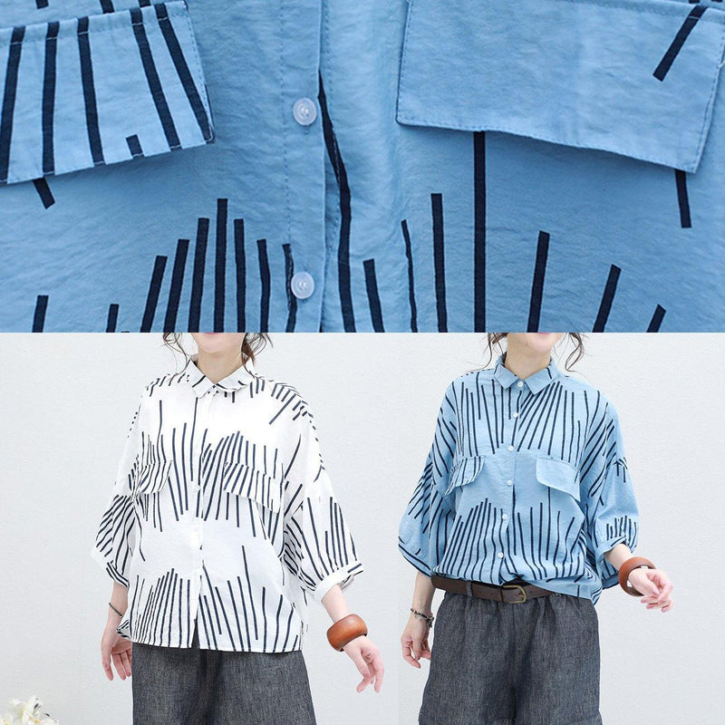 Diy Blue Half Sleeve Cotton Blouse Asymmetric Striped Silhouette Summer Tops