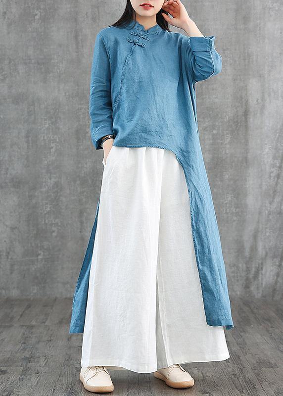 Diy Blue Linen Robes Stand Collar Asymmetric Robe Dress
