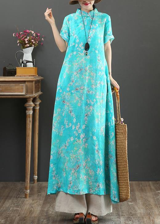 Diy Blue Print Linen Robes Stand Collar Chinese Button Love Summer Dress
