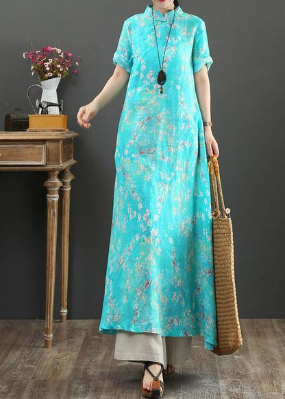 Diy Blue Print Linen Robes Stand Collar Chinese Button Love Summer Dress