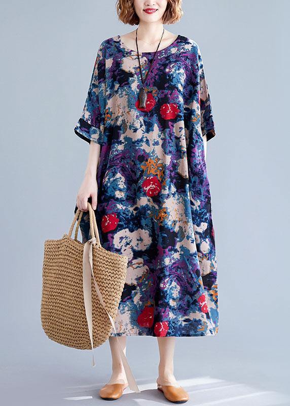 Diy Blue Prints Linen Long Shirts O Neck Love Summer Dresses