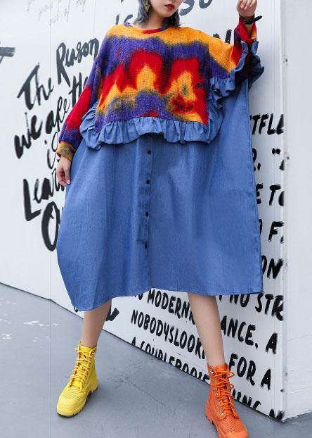 Diy Blue Ruffles Cotton Dresses Patchwork Fall Dresses