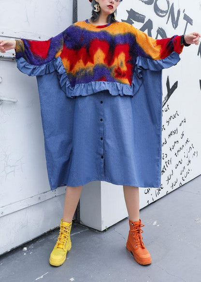 Diy Blue Ruffles Cotton Dresses Patchwork Fall Dresses