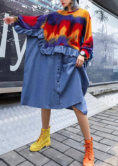 Diy Blue Ruffles Cotton Dresses Patchwork Fall Dresses