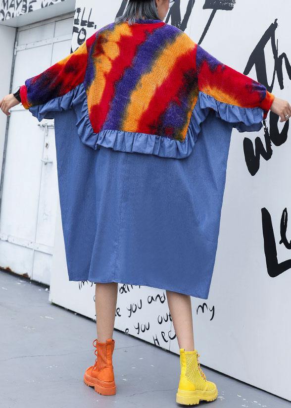 Diy Blue Ruffles Cotton Dresses Patchwork Fall Dresses