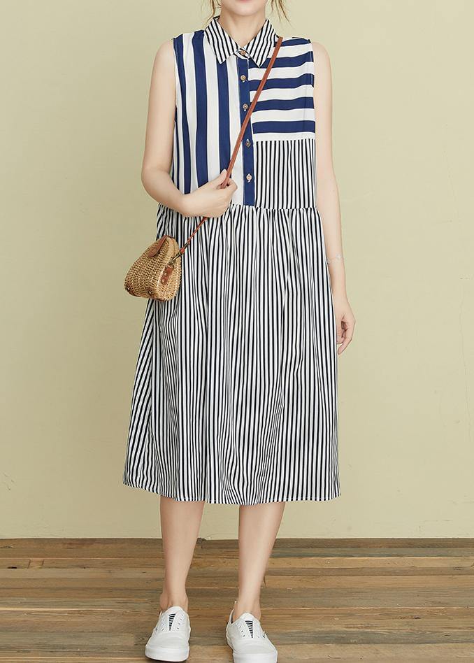 Diy Blue Striped Robes Lapel Sleeveless Kaftan Summer Dress