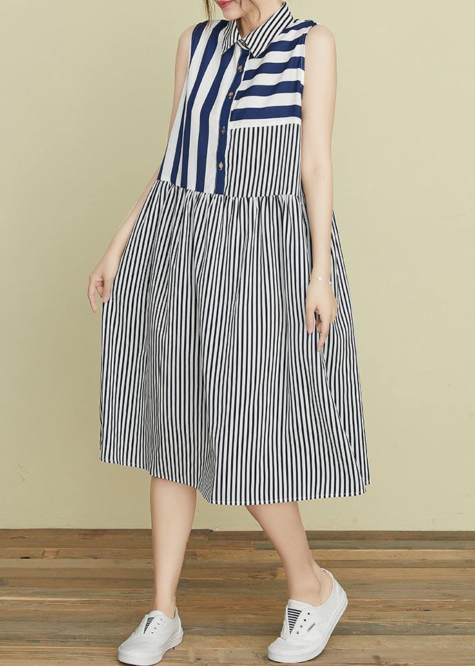 Diy Blue Striped Robes Lapel Sleeveless Kaftan Summer Dress