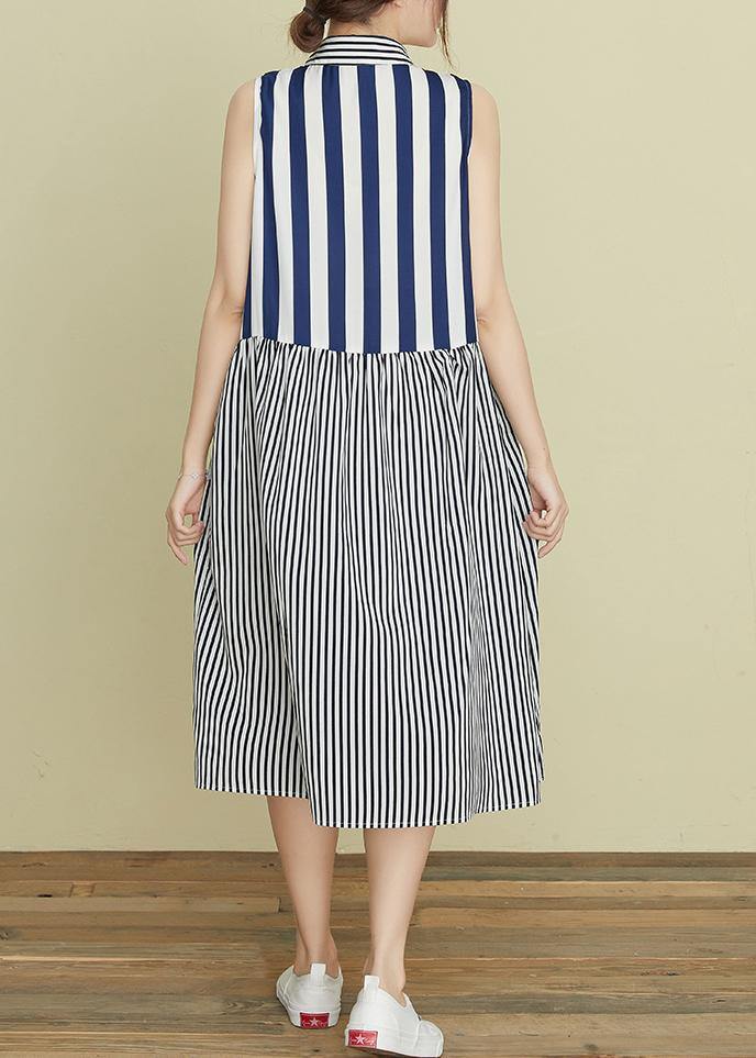Diy Blue Striped Robes Lapel Sleeveless Kaftan Summer Dress