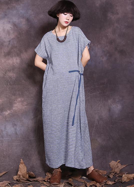Diy Blue Striped Cotton Linen Robes Tie Waist Maxi Summer Dress