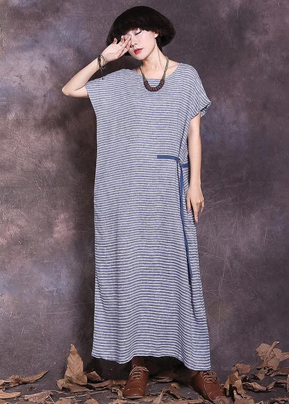 Diy Blue Striped Cotton Linen Robes Tie Waist Maxi Summer Dress