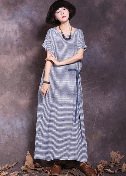 Diy Blue Striped Cotton Linen Robes Tie Waist Maxi Summer Dress