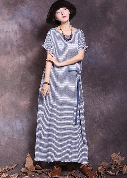 Diy Blue Striped Cotton Linen Robes Tie Waist Maxi Summer Dress