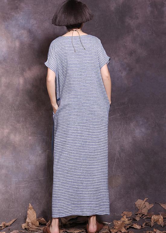 Diy Blue Striped Cotton Linen Robes Tie Waist Maxi Summer Dress