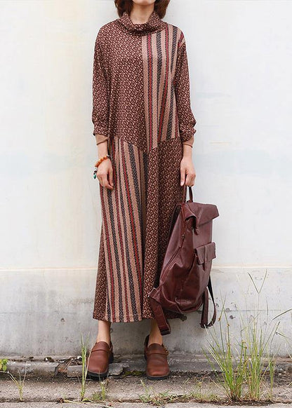 Diy Brown Cotton Clothes High Neck Traveling Patchwork Dress