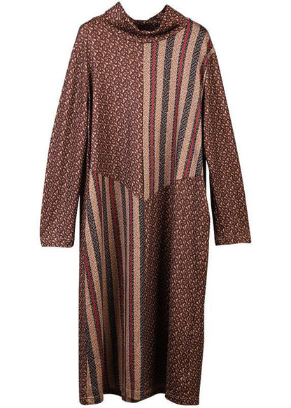 Diy Brown Cotton Clothes High Neck Traveling Patchwork Dress