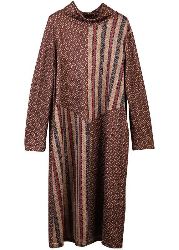 Diy Brown Cotton Clothes High Neck Traveling Patchwork Dress
