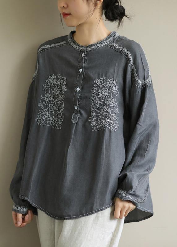 Diy Dark Gray Shirts O Neck Embroidery Daily Shirt