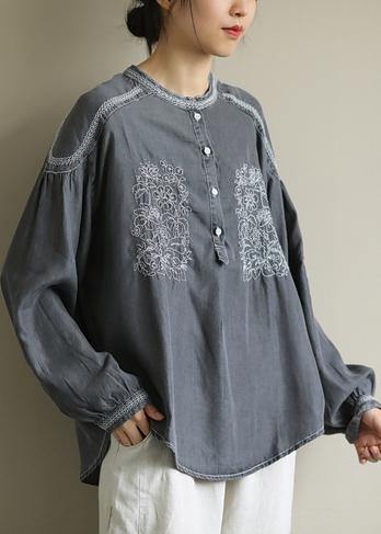 DIY dark gray Shirts o neck embroidery daily shirt