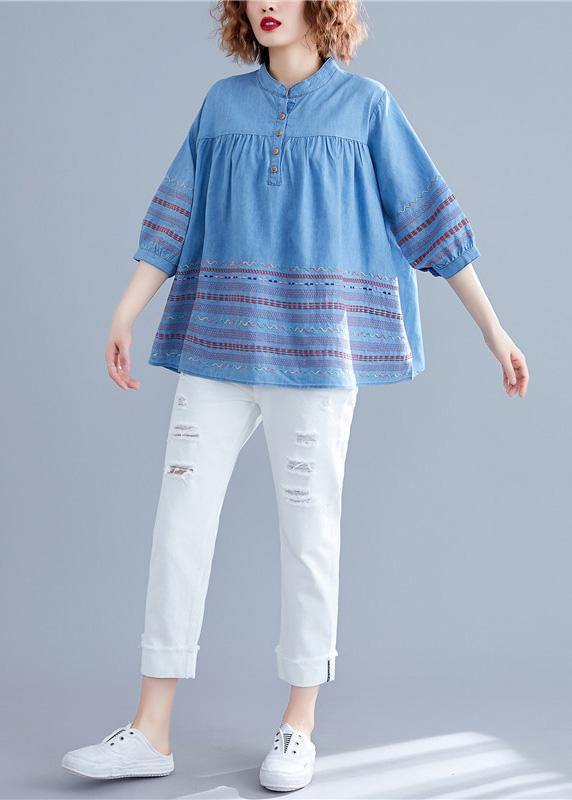 Diy Denim Blue Cotton Shirts Stand Collar Embroidery Summer Blouse