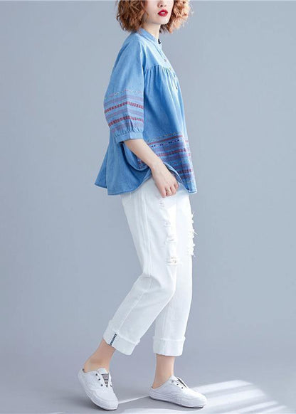 Diy Denim Blue Cotton Shirts Stand Collar Embroidery Summer Blouse